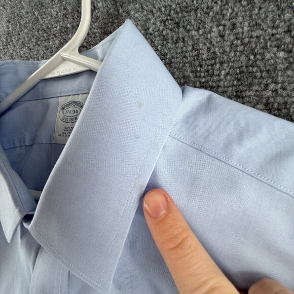 Brooks Brothers Slim Blue Non-Iron Cotton 17.5 34 Button Up Shirt Men Adult - Picture 12 of 16